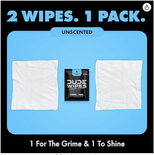 DUDE Wipes - Double Deuce - Two-In-One On-The-Go Flushable Wipes - 2 Pack, 80 Wipes - Unscented Extra-Large Individually Wrapped Wipes with Vitamin E & Aloe - Septic and Sewer Safe