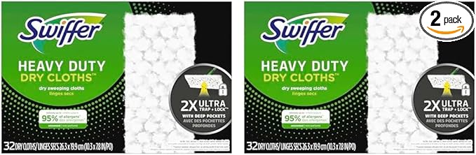 Swiffer Sweeper Heavy Duty Dry Multi-Surface Cloth Refills for Floor Sweeping and Cleaning, Unscented, 32 Count (Pack of 2)