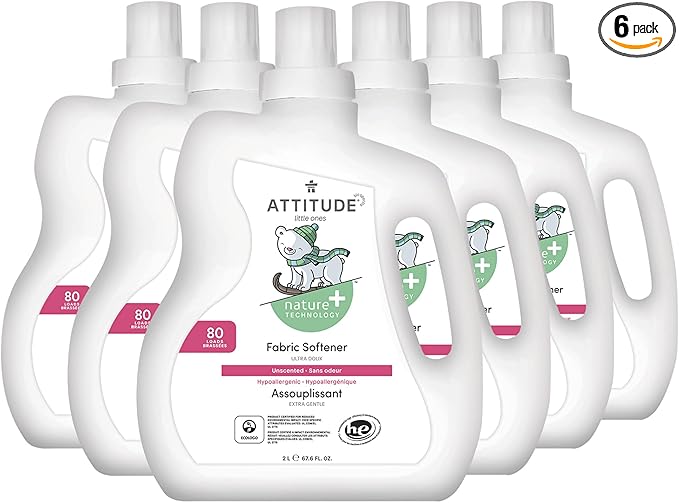 ATTITUDE Baby Fabric Softener, Plant and Mineral-Based Ingredients, HE Compatible, Vegan and Cruelty-free Laundry and Household Products, Unscented, 80 Loads, 67.6 Fl Oz (Pack of 6)