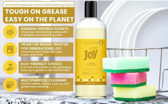 JOY Pure Natural Liquid Dish Soap | Biodegradable Formula | Lemon Verbena Scent | 16 fl. oz - Pack of 3, Bundled With 2 Erase Pads