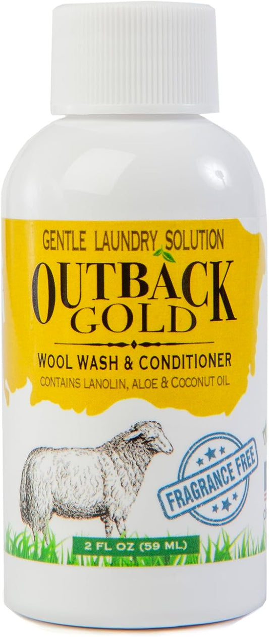 Outback Gold Wool Wash, 2 oz, Fragrance Free, Natural Plant Based Liquid Laundry Detergent, Perfect for Wool, Cashmere, Silk, Sheepskin, Baby Items, Mild, Neutral pH, Made in USA