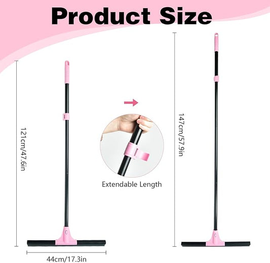 17.3'' Floor Squeegee Shower Broom, Heavy Duty Rubber Scraper with Extendable Handle, Large Sweeper for Bathroom, Tile Floor, Window, Patio, Garage, Deck (Black Pink)