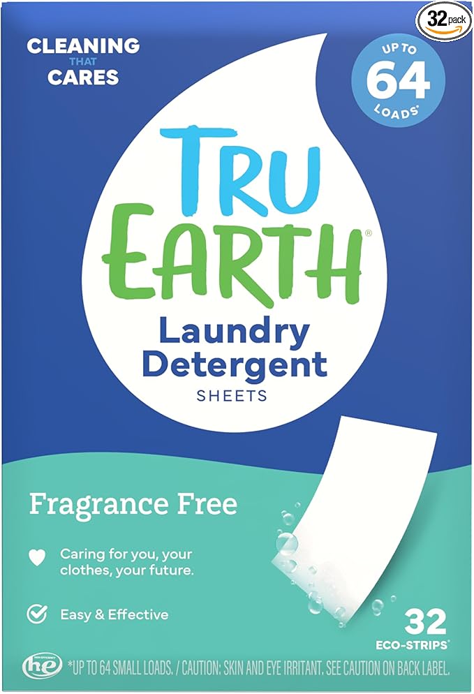 Tru Earth Hypoallergenic, Eco-friendly & Biodegradable Plastic-Free Laundry Detergent Sheets/Eco-Strips for Sensitive Skin, 32 Count (Up to 64 Loads), Fragrance-Free