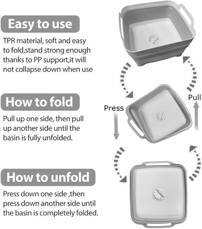 Ikaufen Dishpan for Washing Dishes, 9L (2.4Gallon) Collapsible Wash Basin with Drain Plug Carry Handles, Collapsible Bucket for Cleaning, Vegetable Washing, RV(Grey)
