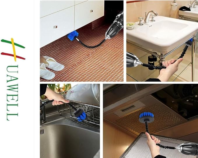 HUAWELL Drill Brush Power Scrubber Cleaning Brush with 2 Extended Attachment Set Kit for Bathroom and Kitchen Surface,Grout,Tub,Shower,Tile,Corners (Blue)