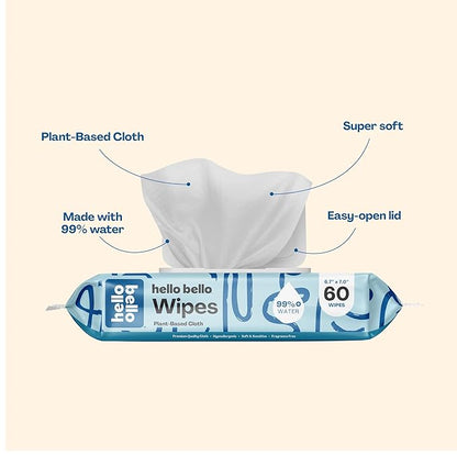 Hello Bello Extra Gentle Unscented Baby Wipes, Plant Based, Made with 99% Water and Aloe for Babies and Kids, 60 Count (Pack of 10) Total 600 Count