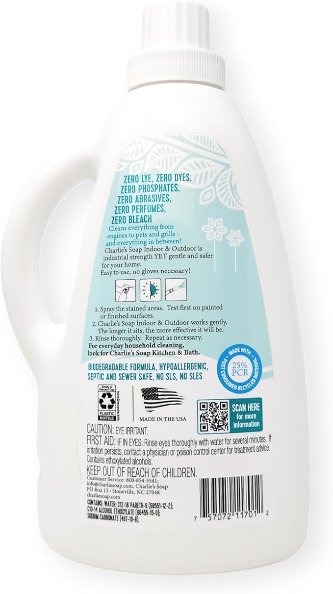 Charlie's Soap Indoor & Outdoor Surface Cleaner Refill (107 Fl. Oz.) Biodegradable Natural Outdoor Cleaning Spray – Safe for Indoor Use (2 Pack - One 32oz Sprayer and One 75oz Refill)