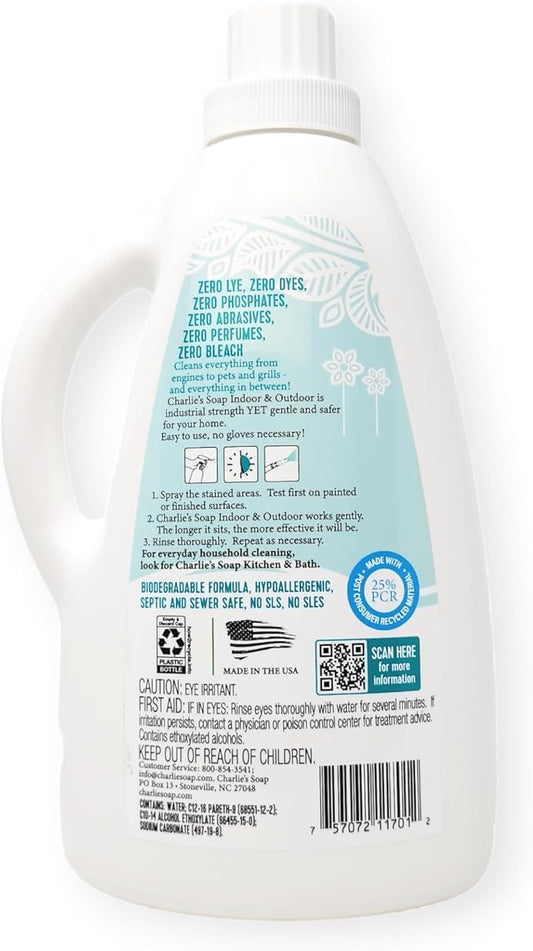 Charlie's Soap Indoor & Outdoor Surface Cleaner Refill (107 Fl. Oz.) Biodegradable Natural Outdoor Cleaning Spray – Safe for Indoor Use (2 Pack - One 32oz Sprayer and One 75oz Refill)
