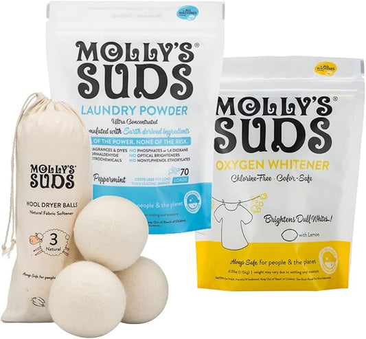 Molly's Suds Starter Pack | Includes 70 Load Natural Laundry Powder, 1 Package of Wool Dryer Balls & 1 Oxygen Whitener