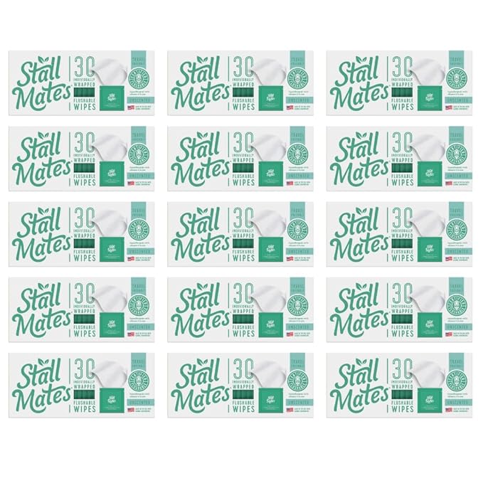 Stall Mates Wipes - Flushable Wipes | Individually Wrapped | Travel Friendly | Unscented with Vitamin-E & Aloe | 15 Boxes of 30 on-the-go singles | 450 wipes total