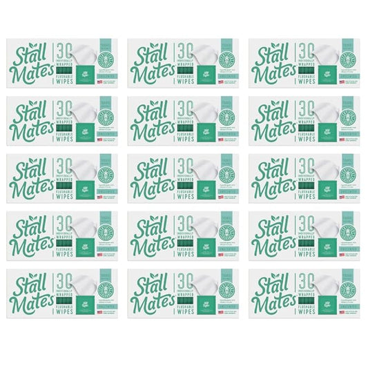 Stall Mates Wipes - Flushable Wipes | Individually Wrapped | Travel Friendly | Unscented with Vitamin-E & Aloe | 15 Boxes of 30 on-the-go singles | 450 wipes total