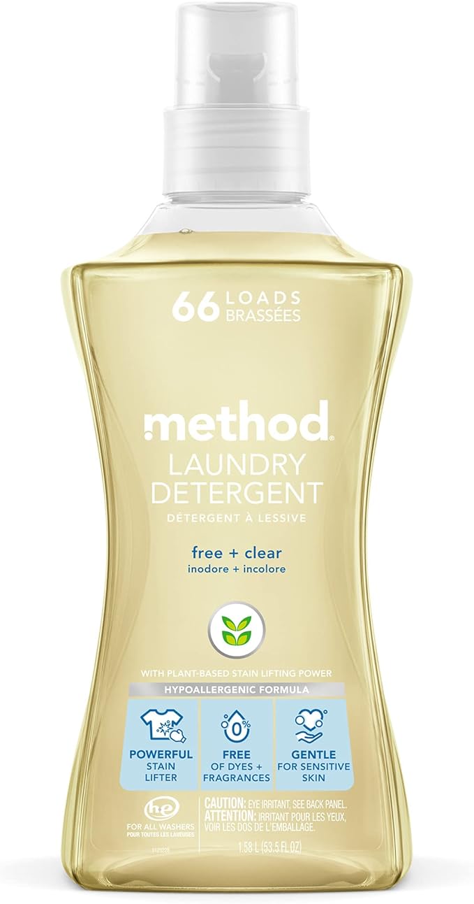 Method Liquid Laundry Detergent; Fragrance Free + Clear; Plant-Based Stain Remover; 66 Loads per 53.5 fl oz bottle; (Pack of 1)