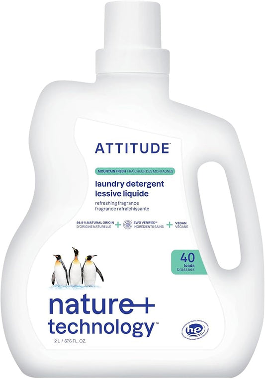 ATTITUDE Liquid Laundry Detergent, EWG Verified Laundry Soap, HE Compatible, Vegan and Plant Based Products, Cruelty-Free, Mountain Fresh, 40 Loads, 67.6 Fl Oz