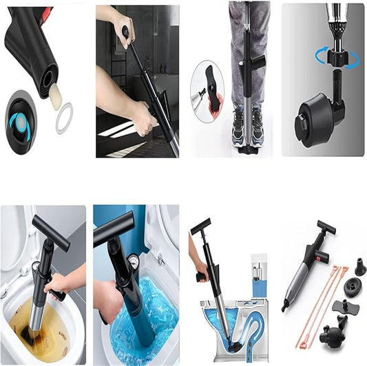 Stainless Steel Toilet Plunger Kits,Air Drain Blaster Gun Plunger High Pressure with 5 Heads,Dashboard Barometer,Sewer Toilet Kitchen Sink For Clogged Toilet Kitchen Bathroom Tubs