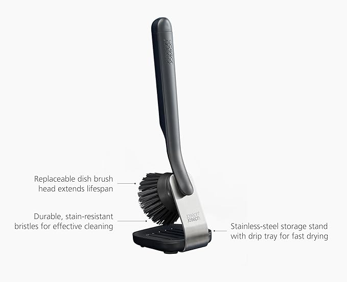 Joseph Joseph SinkTech Dish Brush with Replacement Head and Stainless-Steel Storage Stand Drip Tray