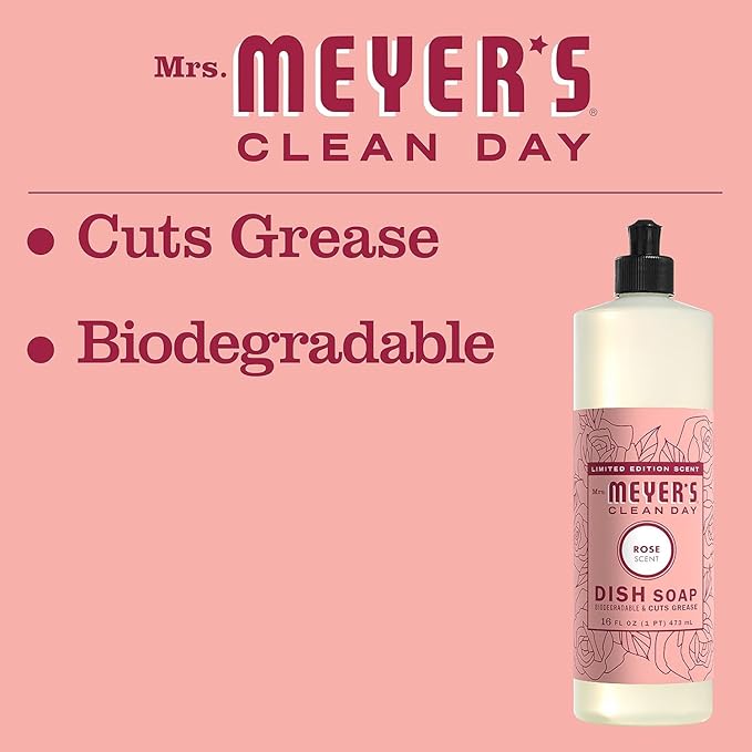 MRS. MEYER'S CLEAN DAY Liquid Dish Soap, Rose Scent, 16 Fl Oz (Pack of 3)