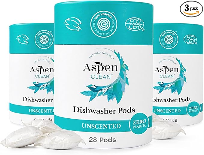 Unscented Dishwasher Pods by AspenClean, Dye-Free, Zero Plastic, Vegan, Eco-Friendly, Natural Dishwasher Detergent, EWG Verified™ - 28 Count (3 Pack)