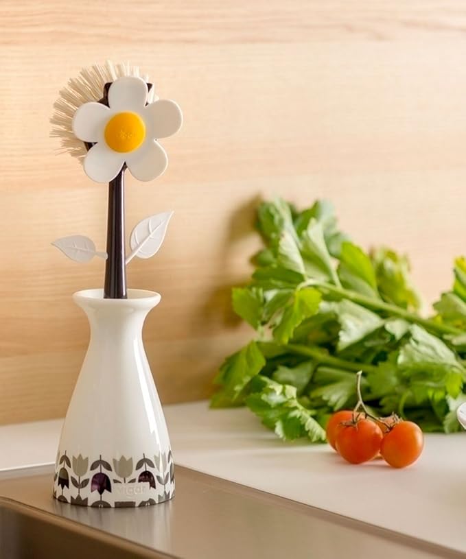Vigar Flower Power Dish Brush with Vase Brush Holder, Dish Brush with Handle for Pot Scrubber, Dishes, Sink, and Kitchen Essentials, White, Black