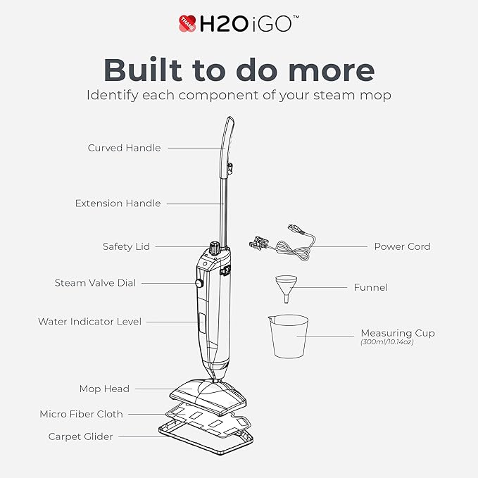 H2O iGO Indoor & Outdoor Cordless Steam Mop for Hardwood Floors, Carpets, Windows, Upholstery, Kitchens, Bathrooms - Portable, Rechargeable, Wireless, Steamer Mops for Floor Cleaning