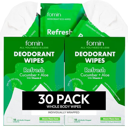 FOMIN Travel Deodorant Wipes - 30 Count - Cucumber and Aloe pH Balanced, Hypoallergenic Mini Deodorant Wipes For Women and Men - Plastic-Free, Individually Wrapped Underarm & Body Wipes