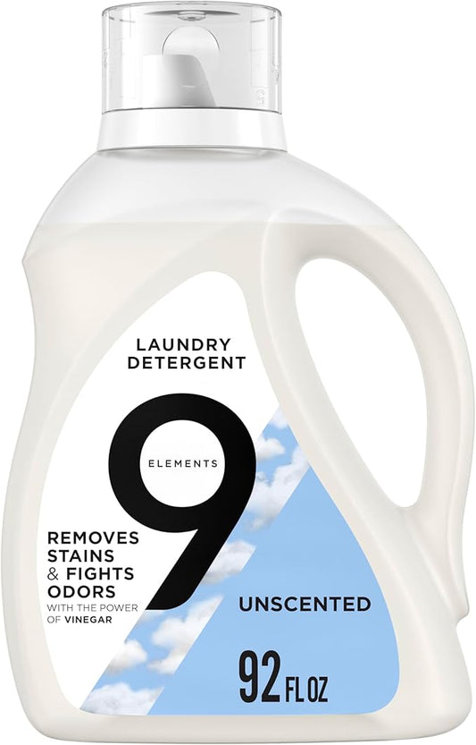 9 Elements Natural Liquid Laundry Detergent, Vinegar Powered, Unscented, 92 Fl Oz, 1 Count, Laundry Detergent Liquid, Washing Detergent