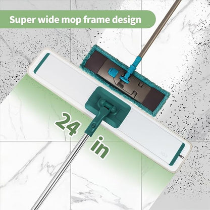 CQT Commercial Flat Microfiber Floor Mop Cleaning System 24" Inch Wet Dry and Dust Hardwood with 4 Washable Pads Cleaner for Laminate Tile Stainless Steel Handle and Extension (PT14 Green)