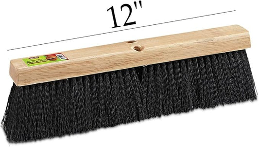 Black Indoor Push Broom Head – Heavy Duty Hardwood Block – Polypropylene Bristles – Deck Scrub Brush – Two Threaded Handle Holes for Better Assist (12")