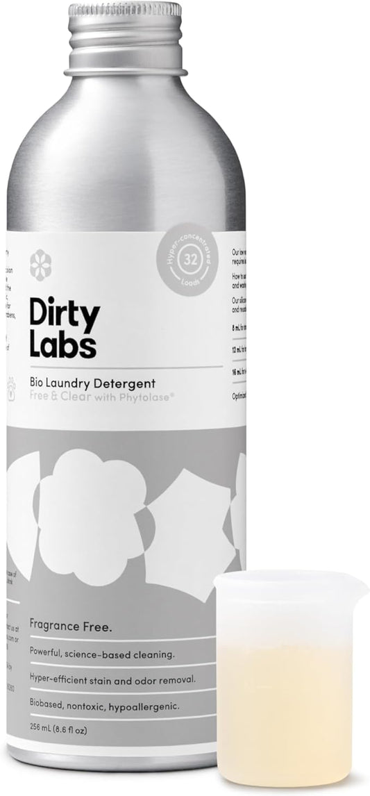 Dirty Labs | Scent Free | Bio-Liquid Laundry Detergent | 32 Loads (8.6 fl oz) | Hyper-Concentrated | High Efficiency & Standard Machine Washing | Nontoxic, Biodegradable | Stain & Odor Removal