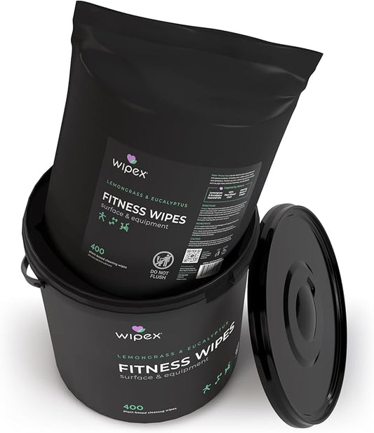 Wipex Gym Wipes for Equipment Bundle – Get 800 Wipes with (1) Lemongrass & Eucalyptus Bucket & (1) Refill Roll, Plant-Based Fitness Equipment Wipes, Clean Surfaces & Mats, 400 Count (Pack of 2)