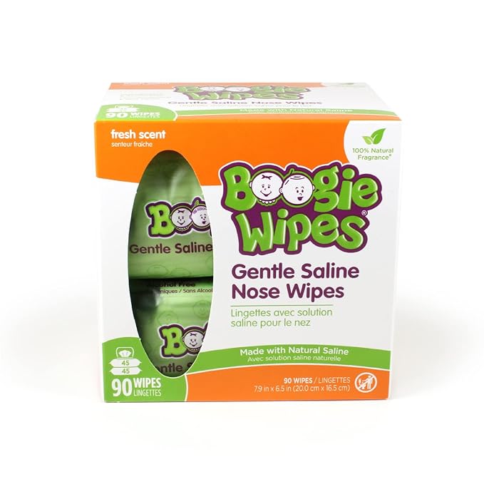 Boogie Wipes, Saline Wipes for Baby & Kids, Nose Booger Wipes for Allergy Relief, Face, Hand & Body, Made with Vitamin E, Aloe and Natural Saline, Fresh Scent, 45 Count (Pack of 2)