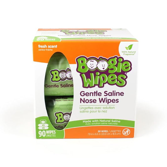 Boogie Wipes, Saline Wipes for Baby & Kids, Nose Booger Wipes for Allergy Relief, Face, Hand & Body, Made with Vitamin E, Aloe and Natural Saline, Fresh Scent, 45 Count (Pack of 2)