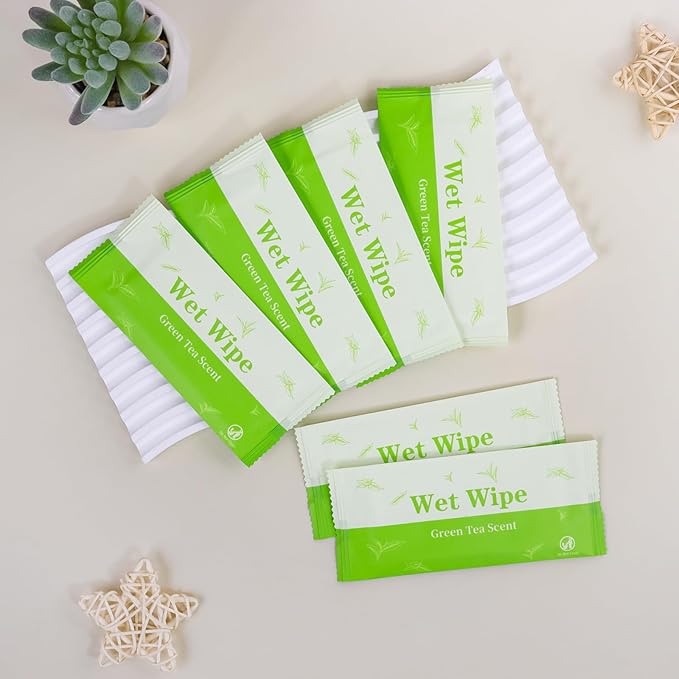 Individual Hand Wipes, 100 PCS Wet Wipes Individually Wrapped, Wet Napkins Travel Size for Wedding, Barbecue, Restaurant, Green Tea Scent