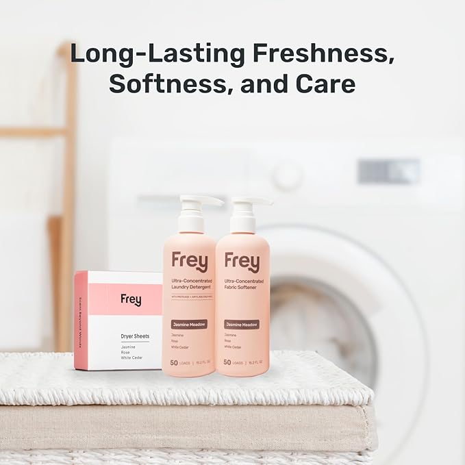 Frey Complete Laundry Package | Jasmine Meadow Scent | Detergent, Fabric Softener & Dryer Sheets | Nature’s Luxury