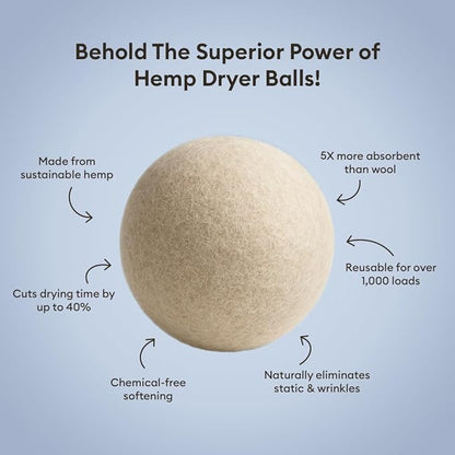 | Natural Hemp Dryer Balls | 5X More Absorbent Than Wool | Cruelty-Free, Hypoallergenic & Eco-Friendly | Reduces Clothing Wrinkles and Saves Drying Time | Pack of 6 |