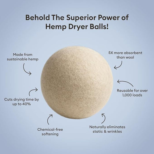| Natural Hemp Dryer Balls | 5X More Absorbent Than Wool | Cruelty-Free, Hypoallergenic & Eco-Friendly | Reduces Clothing Wrinkles and Saves Drying Time | Pack of 6 |
