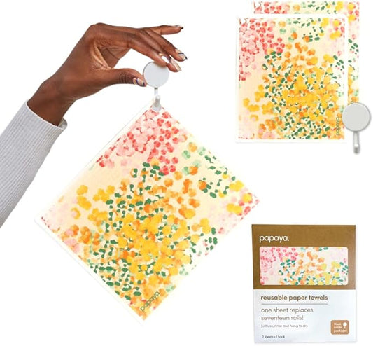 Papaya Reusable Paper Towels 2-Pack - 2 Sheets + 1 Hooks, Quick Drying, No Odor, 1 Sheet Replaces 17 Rolls, Washable Kitchen Cloth, Sustainable Dish Sponge, Eco Friendly Gift