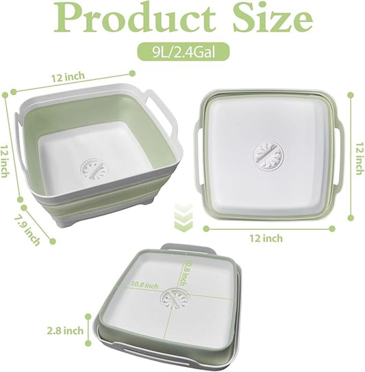 Ikaufen 2PCS Dishpan for Washing Dishes, 9L(2.4Gallon) Collapsible Wash Basin with Drain Plug Carry Handles, Collapsible Bucket for Cleaning, Vegetable Washing, RV(Green + Grey)