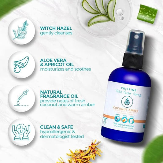Toilet Paper Spray - As Seen on Shark Tank, More Natural Personal Cleansing Wipes & Flushable Wet Wipes Alternative, Spray Toilet Paper to Create Flushable Wipe, Coconut Amber, 4 fl oz