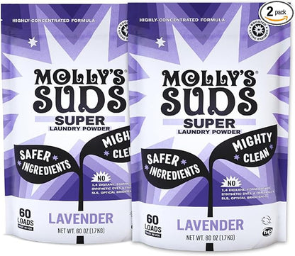 Molly's Suds Super Powder Detergent | Extra Strength Laundry Soap, Stain Fighting | Sensitive Skin | Simple, Effective Ingredients | Lavender, 120 Loads Total (2 Pack)