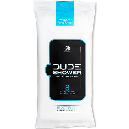 DUDE Wipes - On-The-Go Shower Wipes - 1 Pack, 8 Wipes - Unscented Extra-Large Wipes - Vitamin E & Aloe - Full Body Shower Replacement Wipes