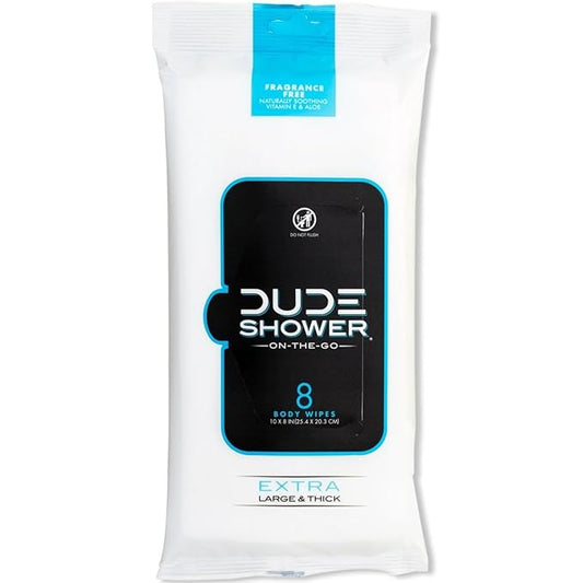 DUDE Wipes - On-The-Go Shower Wipes - 1 Pack, 8 Wipes - Unscented Extra-Large Wipes - Vitamin E & Aloe - Full Body Shower Replacement Wipes