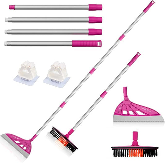 Magic Broom Sweeper, Multifunction Replaceable Silicone Broom, Household Squeegee for Floor Cleaning, Bathroom, Pet Hair, Dog Broom Brush Set (Bright Pink)
