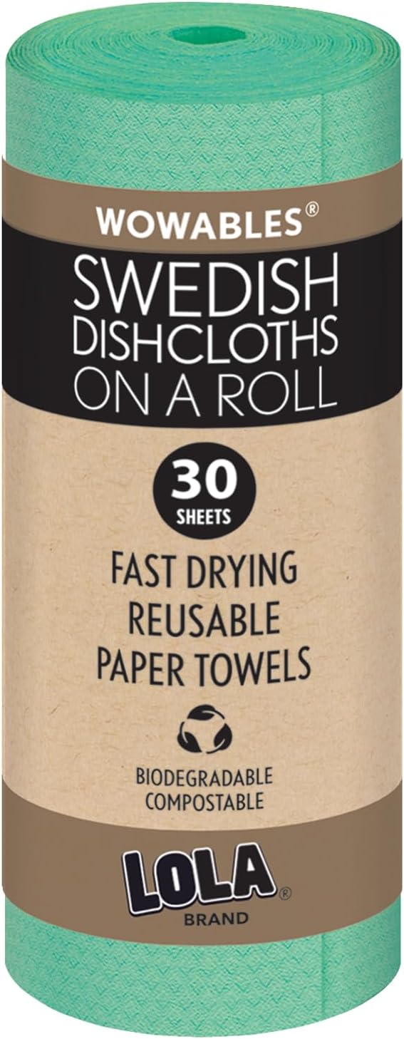 LOLA Swedish Dishcloths on a Roll, 30 Pack, Absorbent Eco Friendly Cellulose Sponge Dish Cloths, Reusable Paper Towels, 11" x 10" Made in Germany
