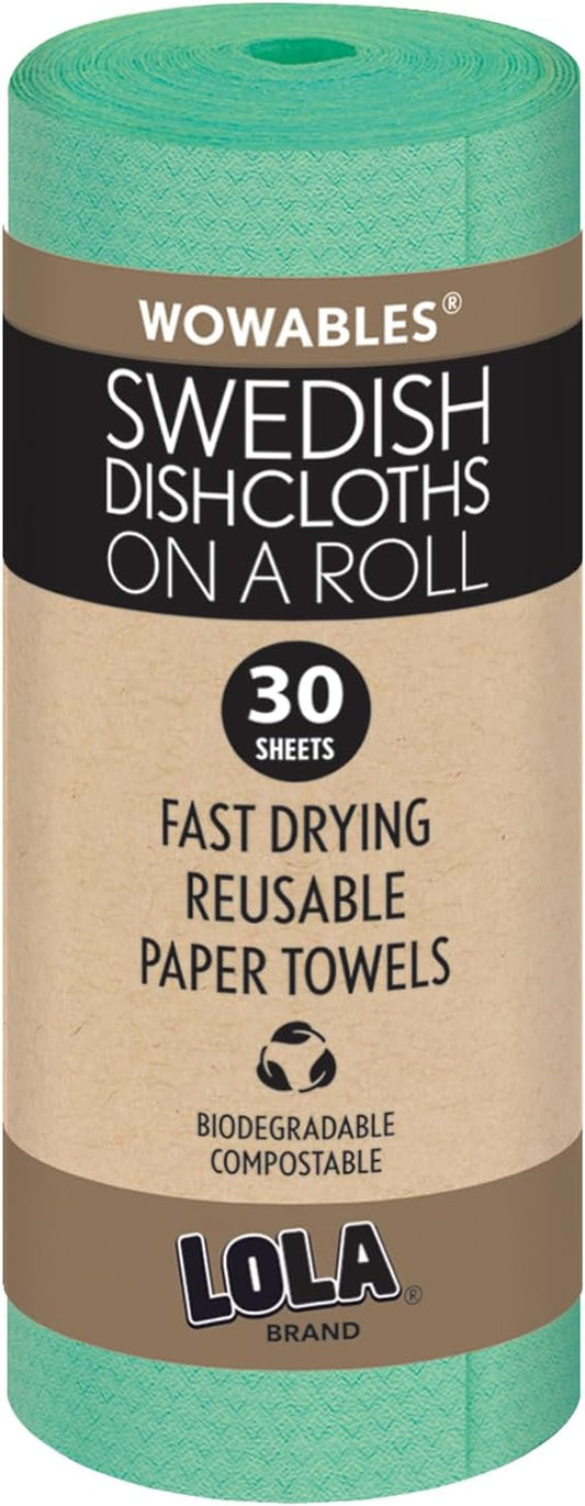 LOLA Swedish Dishcloths on a Roll, 30 Pack, Absorbent Eco Friendly Cellulose Sponge Dish Cloths, Reusable Paper Towels, 11" x 10" Made in Germany