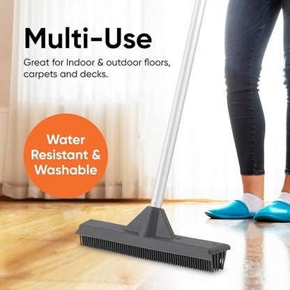 Silicone Pet Hair Broom, Carpet Cleaner, Salon Broom, with Built-in Window Washer Squeegee and 55" Metal Handle