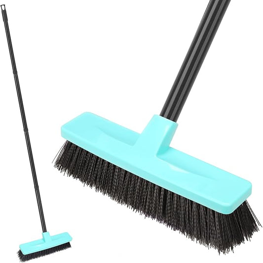 Push Broom Stiff Bristles Outdoor Broom with 51" Long Handle for Cleaning Scrubbing Deck Driveway Yard Patio Garage Concrete Wood Stone Tile Multi-Surface Floor