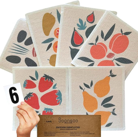 SOONSOO Swedish Dishcloths 6Pack Absorbent Eco-Friendly Reusable Cleaning Cloths for Kitchen - Multi-Purpose Machine Washable, Compostable, Quick Drying Zero Waste Cellulose Kitchen Cloths (Fruit1)
