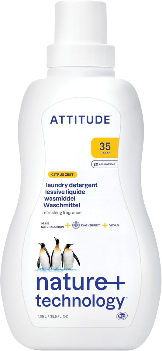 ATTITUDE Liquid Laundry Detergent, EWG Verified Laundry Soap, HE Compatible, Vegan and Plant Based Products, Cruelty-Free, Citrus Zest, 35 Loads, 35.5 Fl Oz