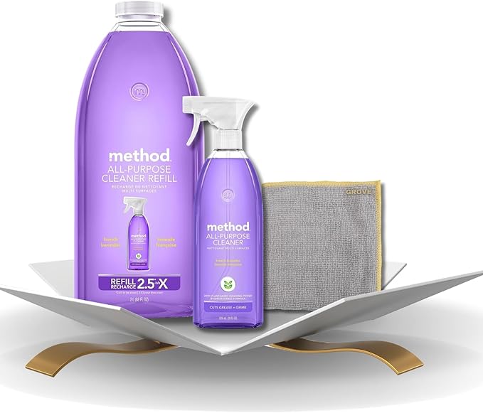 Method French Lavender Scent All Purpose Cleaner Spray 28 oz + 68 oz Refill Bundle with Microfiber Cloth - Multi Surface Cleaner Spray - Plant-Based Cleaning Power - Biodegradable Formula - (3 Items)