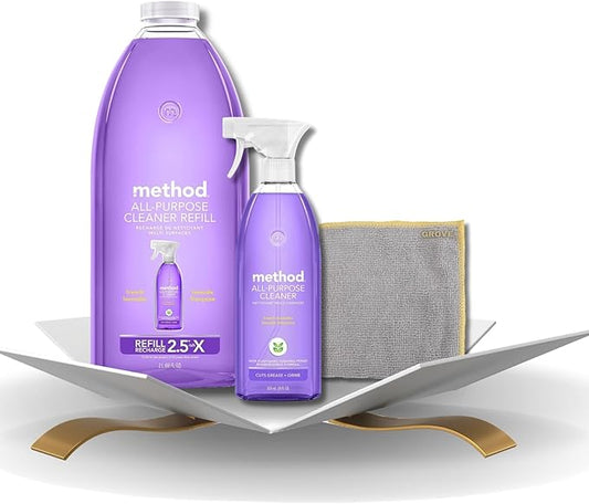 Method French Lavender Scent All Purpose Cleaner Spray 28 oz + 68 oz Refill Bundle with Microfiber Cloth - Multi Surface Cleaner Spray - Plant-Based Cleaning Power - Biodegradable Formula - (3 Items)